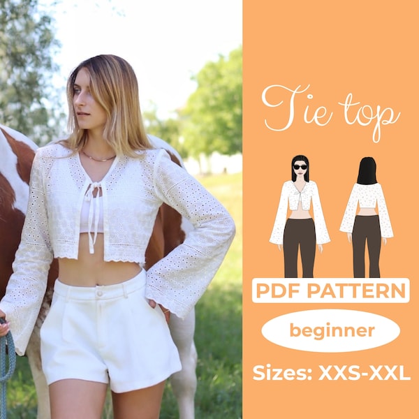 Front Tie Top Sewing Pattern, Lace Blouse, Beginner Flare Sleeve Crop Top, XXS - XXL Summer Top, A0, A4 & US-Letter + Easy Instruction