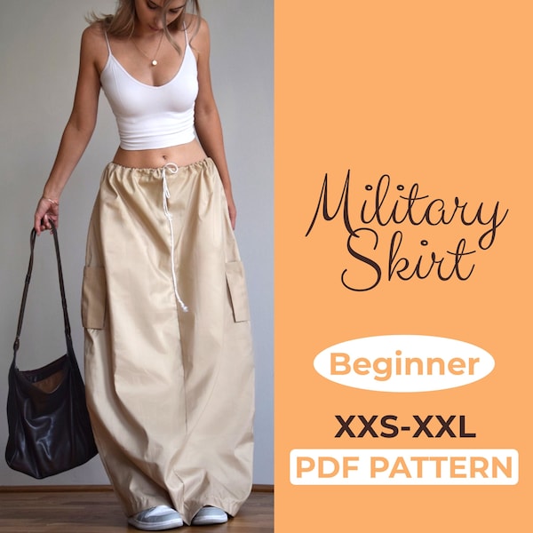 Cargo Skirt Sewing Pattern, Flare Parachute Maxi Skirt, XXS - XXL Easy Sewing Pattern in A0, A4 & US-Letter Version + Detailed Instruction