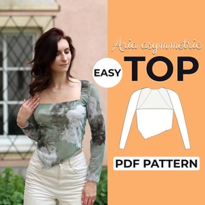 Patrón de costura para blusa con dobladillo asimétrico / Blusa con escote cuadrado / Patrón fácil para principiantes + Tutorial ilustrado fácil / XXS - XXL / A0, A4 y tamaño carta de EE. UU.