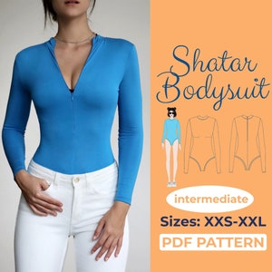 Patrón de costura de body de cuello alto, patrón de body de mujer en XXS - XXL, patrón de costura de manga larga fácil A0, A4, carta estadounidense + instrucción