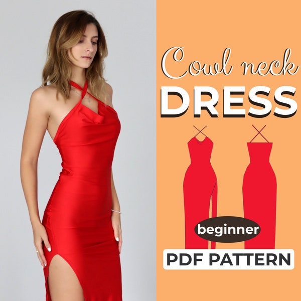 Cowl Neck Slit Dress Pattern, Long Prom Dress Pattern, Maxi Dress, Summer Dress, Backless Gown, A0, A4 US-Letter PDF Download