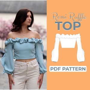Patrón de costura de blusa con volados / Blusa con hombros descubiertos de estilo cottagecore / Patrón + instrucciones ilustradas detalladas / XXS - XXL / A0, A4 y carta de EE. UU.