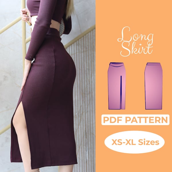 Front Slit Skirt Sewing Pattern, Curvy Long Bodycon Skirt, 2 Length Maxi & Midi Skirt, Figure Hugging Dress, XS - XL Pattern + Tutorial