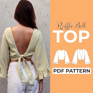 Padrão de costura para blusa com manga sino e amarração nas costas | Top curto Milkmaid | Padrão fácil para iniciantes + tutorial ilustrado | XXS - XXL | A0, A4 e US Letter