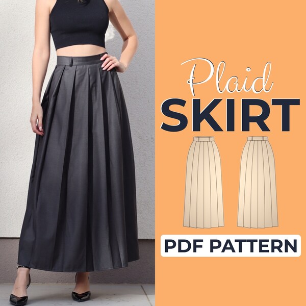 Pleated Skirt Sewing Pattern, Plaid Skirt Pattern, Maxi Skirt, XXS - XXXL, A4, A0 & US-Letter + Detailed Illustrated Tutorial