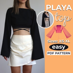 Padrão de costura de blusa curta de manga flare | Top hippie para festivais, festas ou praia | XS-XL | Download detalhado em PDF Tamanho A0, A4, Carta dos EUA