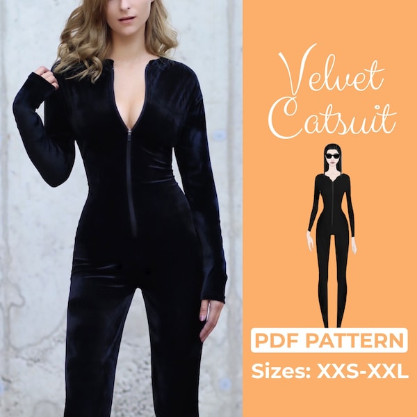 Velvet Catsuit Pattern | Romper Jumpsuit Sewing Pattern | Bodysuit XXS - XXL | US-Letter, A4, A0 Pattern + Easy Instruction