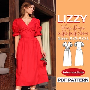 Puede incluir: Un vestido rojo de envoltura con mangas abullonadas con volantes. El vestido se muestra en una modelo y tiene un escote en V. El vestido se llama "Lizzy" y está disponible en tallas XXS-XXXL. El patrón es para un nivel de costura intermedio. Patrón PDF.