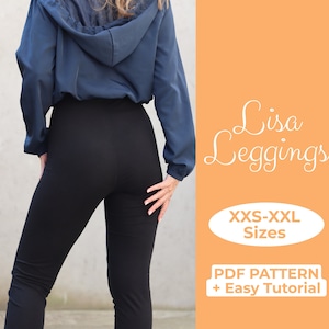 May include: A woman wearing black leggings and a blue hooded jacket. The image includes the text "Lisa Leggings", "XXS-XXL Sizes", and "PDF PATTERN + Easy Tutorial".