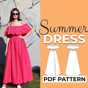 Patrón de costura para vestido con hombros descubiertos / Vestido largo bohemio de verano / Patrón + instrucciones ilustradas detalladas / XXS - XXXL / A0, A4 y carta de EE. UU.