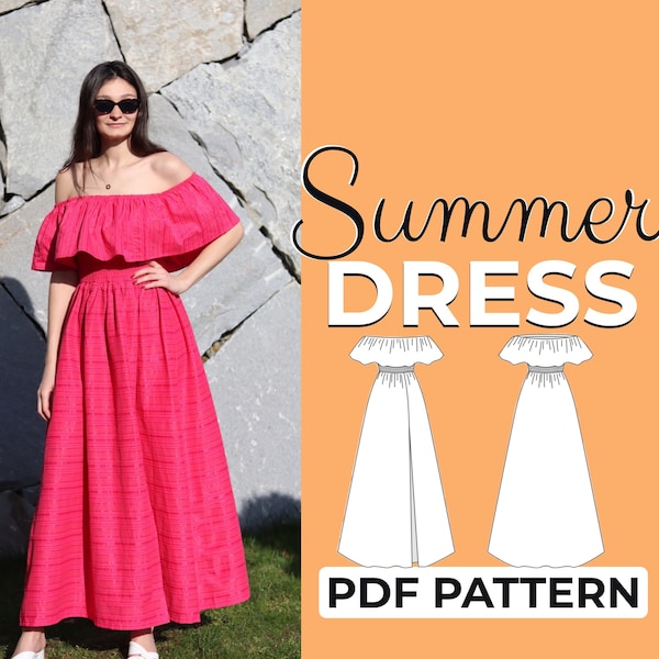 Off Shoulder Dress Sewing Pattern | Summer Boho Maxi Dress | Pattern + Detailed Illustration Instruction | XXS - XXXL | A0, A4 & US-Letter