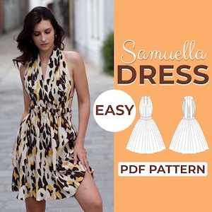Patrón de costura para vestido de cóctel / Vestido ajustado con cuello halter / Patrón fácil para principiantes + Tutorial ilustrado fácil / XXS - XXXL / A0, A4 y carta estadounidense