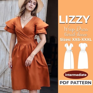 Patrón de costura para vestido cruzado, XXS - XXXL, escote en V, vestido cruzado de verano con mangas escalonadas, tallas A0, A4 y carta de EE. UU. + instrucciones detalladas