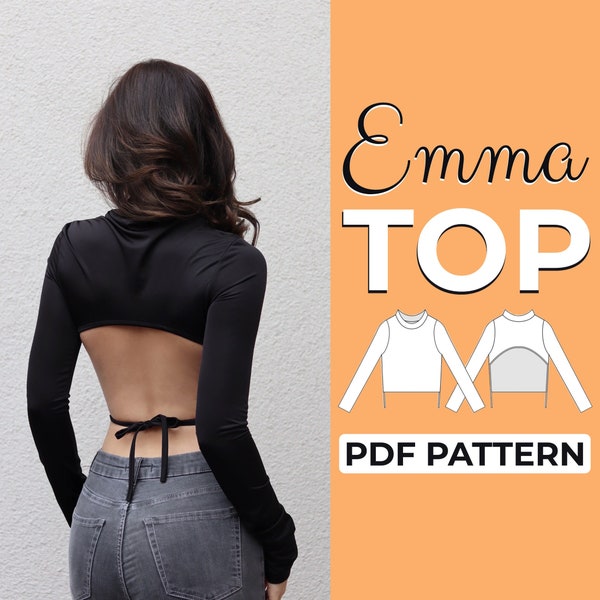 Backless Top Sewing Pattern | Long Sleeves Crop Top | Easy Beginner Pattern + Detailed Illustrated Tutorial | XXS - XXXL | A0, A4, US-Letter