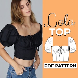 Padrão de costura de blusa Milkmaid, padrão de blusa curta, blusa Cottagecore com manga bufante, XXS - XXXL, A4 A0 e US-Letter + tutorial ilustrado detalhado
