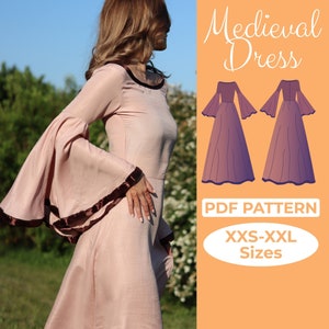 Medieval Dress Sewing Pattern, Long Sleeve Maxi Dress, Celtic Dress, Bell Sleeve Costume, Fantasy Gown, Easy A0 A4 US Letter Cosplay Pattern