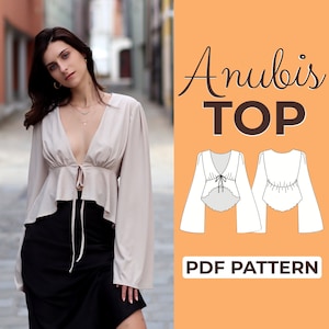 Patrón de costura de blusa de manga larga / Blusa boho de estilo cottagecore / Patrón + instrucciones ilustradas detalladas / XXS - XXXL / A0, A4 y carta de EE. UU.