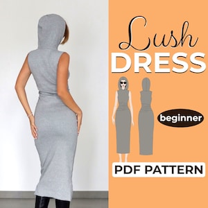 Padrão de costura de vestido com capuz, vestido longo de moletom, padrão fácil para iniciantes, A4, A0 e US-Letter + tutorial ilustrado detalhado