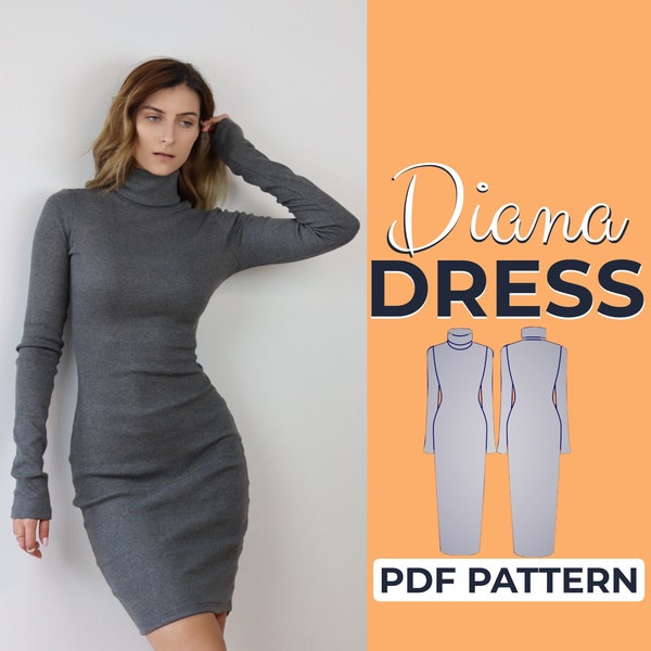 Turtleneck Dress Pattern, Easy Beginner Pattern, Long Sleeve Bodycon Dress, XXS - XXXL, A4, A0 & USLetter + Detailed Illustrated Tutorial