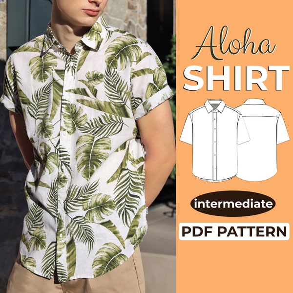 Patrón de costura de camisa para hombre, patrón de camisa de manga corta para hombre, patrón de camisa Aloha, XXS - XXXL, A0, A4 y carta estadounidense + instrucciones detalladas