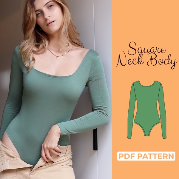 Square Neck Bodysuit Schnittmuster, Frauen Bodysuit Schnittmuster in XXS - XXXL, einfaches Langarm Schnittmuster A0, A4, US-Letter + Anleitung