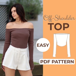 Patrón de costura para blusa con hombros descubiertos / Blusa de manga larga / Patrón fácil para principiantes + Tutorial ilustrado fácil / XXS - XXXL / A0, A4 y carta de EE. UU.