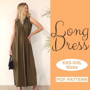 Patrón de costura de vestido largo de verano con vuelo, vestido túnica fácil, vestido de tirantes, camisa sin mangas, A4, A0 y carta estadounidense + tutorial ilustrado
