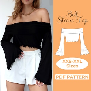 Padrão de costura para blusa curta com manga sino, blusa ombro a ombro, blusa de verão sem alças, padrão de costura fácil, A0 A4 Us-Letter + tutorial ilustrado