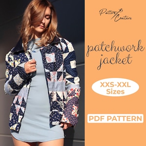 Patrón de costura de chaqueta acolchada, Patrón de costura de chaqueta de patchwork de edredón, Abrigo acolchado, Patrón PDF en A4, A0 US-Carta + Tutorial detallado