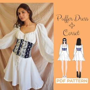 Patrón de corsé bajo el busto + Patrón de costura para vestido con mangas abullonadas, tallas XXS-7XL, vestido Regency + cinturón de corsé, tamaño A0, A4, patrón en letra estadounidense + instrucciones