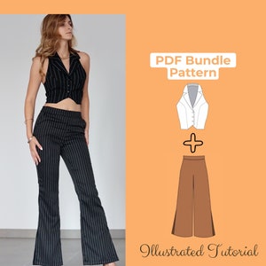 Pode incluir: Padrão de pacote PDF para um top sem mangas e calças de perna larga. O padrão inclui um tutorial ilustrado. O top é branco e as calças são marrons.