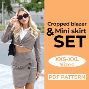 Conjunto de patrones de costura de blazer corto y falda, conjunto de minifalda de cintura alta y blazer moderno, PDF A0 A4 Carta EE. UU. + instrucciones