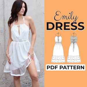 Patrón de costura de vestido de verano / Vestido halter sin espalda / Patrón fácil para principiantes + Tutorial ilustrado fácil / XXS - XXXL / A0, A4 y carta estadounidense