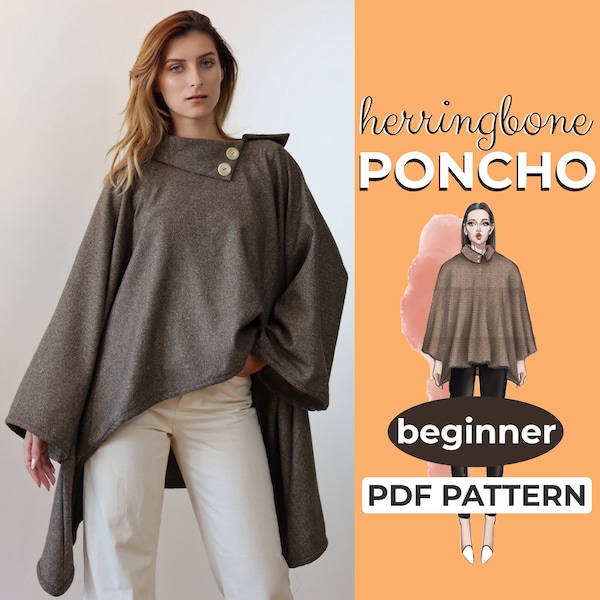 Poncho Cape Pattern | Easy Sewing Pattern | Cover-Up Shawl | A0, A4, US-Letter Pattern + Detailed Instruction, XXS - 3XL