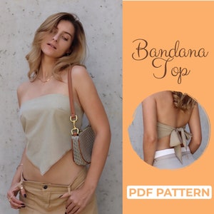 Patrón de costura de top bandeau, top con lazo en la espalda para principiantes, top tipo bandana corto, XXS a XXXL, A0, A4, tamaño carta de EE. UU. + instrucciones de costura fáciles