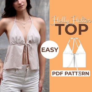 Patrón de costura de top con cuello halter / Patrón de blusa sin espalda / Patrón fácil para principiantes + Tutorial ilustrado fácil / XXS - XXL / A0 A4 y EE. UU. - Carta