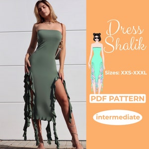 Patrón de costura de vestido con volantes Y2K, vestido ajustado con hombros descubiertos, patrón XXS - XXL, A0, A4 y carta estadounidense + instrucciones detalladas