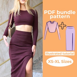 Könnte beinhalten: PDF-Schnittmuster-Paket für ein langärmliges Crop-Top und einen hoch taillierten Rock mit Schlitz. Das Schnittmuster enthält illustrierte Anleitungen und ist in den Größen XS-XL erhältlich.