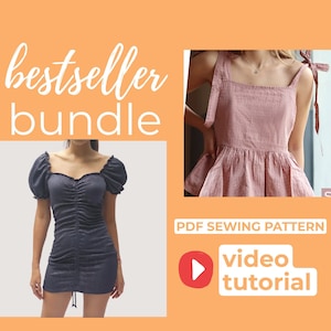 Patrón de costura de vestido mini con mangas abullonadas y blusa fruncida / Xs-Xl / PDF A0, A4, tamaño carta de EE. UU. + videotutorial e instrucciones escritas