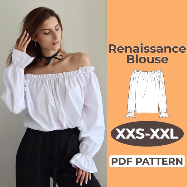 Patrón de costura de blusa renacentista, top romántico con hombros descubiertos, XXS - XXL, A0, A4 y carta estadounidense + instrucciones detalladas