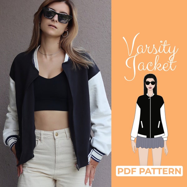 Varsity Jacket Sewing Pattern, Bomber Jacket Pattern, Retro Zip Up Puffer Jacket, Baseball Jacket - A4, A0 US-Letter + Illustrated Tutorial