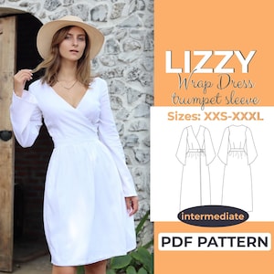 Wrap Dress Sewing Pattern, XXS - XXXL, V-Neck, Summer Wraparound Dress with Flare Sleeves, A0, A4 & US-Letter + Detailed Instruction