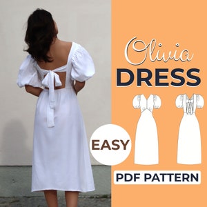 Patrón de costura para vestido con mangas abullonadas / Vestido para invitada de boda / Patrón fácil para principiantes + Tutorial ilustrado fácil / XXS - XXXL / A0, A4 y carta estadounidense