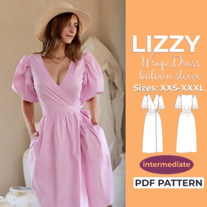Puff Sleeve Wrap Dress Sewing Pattern, XXS - XXXL, V-Neck, Summer Wraparound Dress, A0, A4 & US-Letter + Detailed Instruction