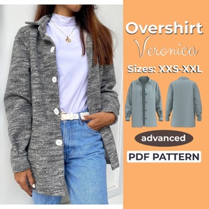 Padrão de costura de jaqueta de camisa oversized | Shacket feminino | Padrão de camisa oversized | XXS - XXL | A0, A4 e US-Letter