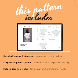 May include: A laptop displays a sewing pattern tutorial for a t-shirt, with detailed instructions and illustrations. The screen shows a woman wearing the t-shirt. The text "this pattern includes" is at the top.