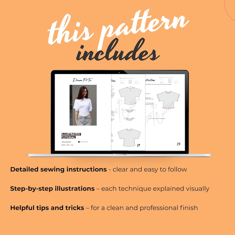 May include: A laptop displays a sewing pattern tutorial for a t-shirt, with detailed instructions and illustrations. The screen shows a woman wearing the t-shirt. The text "this pattern includes" is at the top.
