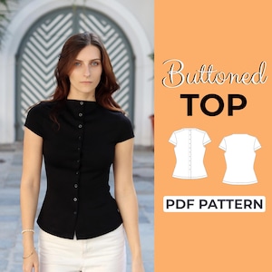 May include: A black, short-sleeved buttoned top with a high neckline. The top is fitted and has a row of buttons down the front. The image also includes a diagram of the top and the text "Buttoned TOP" and "PDF PATTERN".
