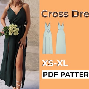 Patrón de costura con espalda cruzada, vestido largo lencero con lazo, vestido de fiesta con escote en V, instrucciones escritas sencillas con ilustraciones y patrón en A0, A4, carta