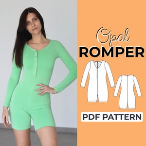 May include: A light green romper with long sleeves and shorts, featuring a button-down front. The image also includes a line drawing of the romper and the text "Opal ROMPER" and "PDF PATTERN" on an orange background.